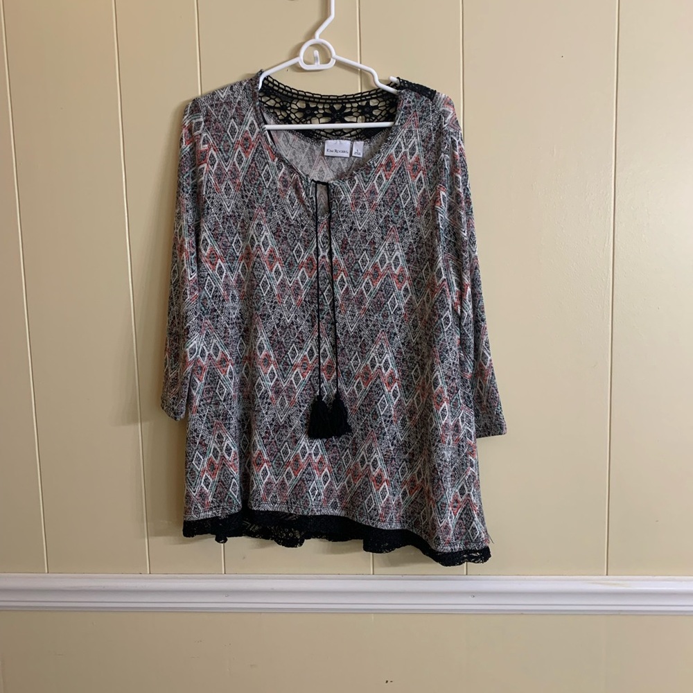 Kim Rogers women’s Black and Coral Geometric Tassel-Tie Tunic
